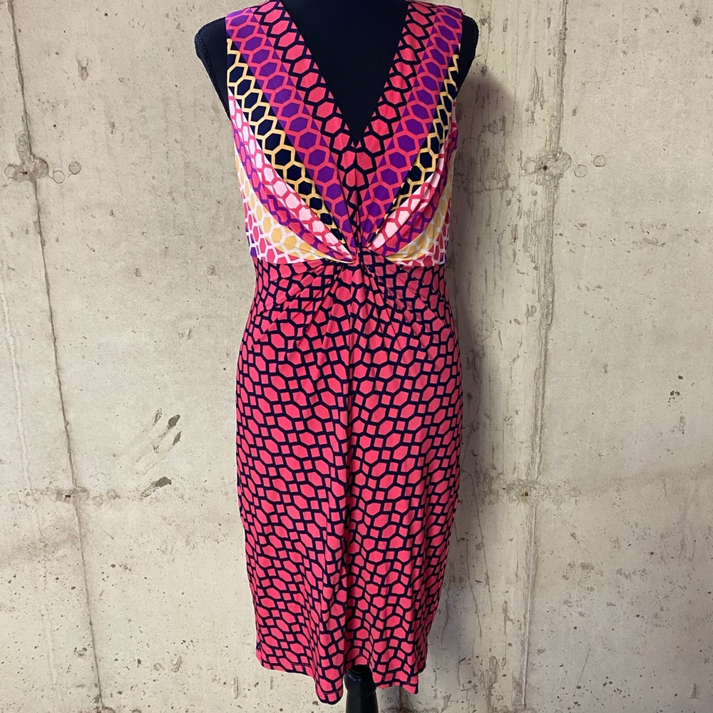 Orange, navy and black sleeveless dress.  Just below the knee length. Size 6.